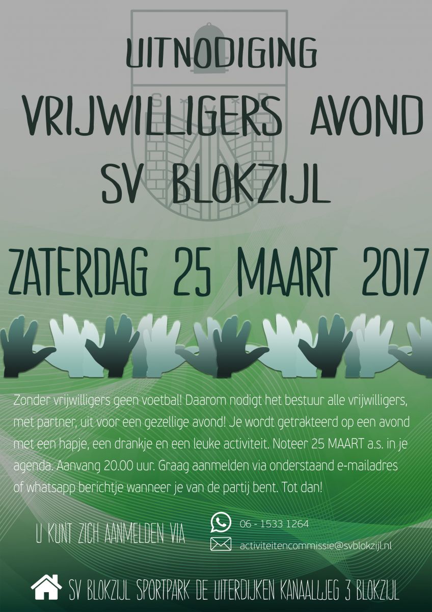 Zaterdag 25 maart 2017 Vrijwilligersavond SV Blokzijl